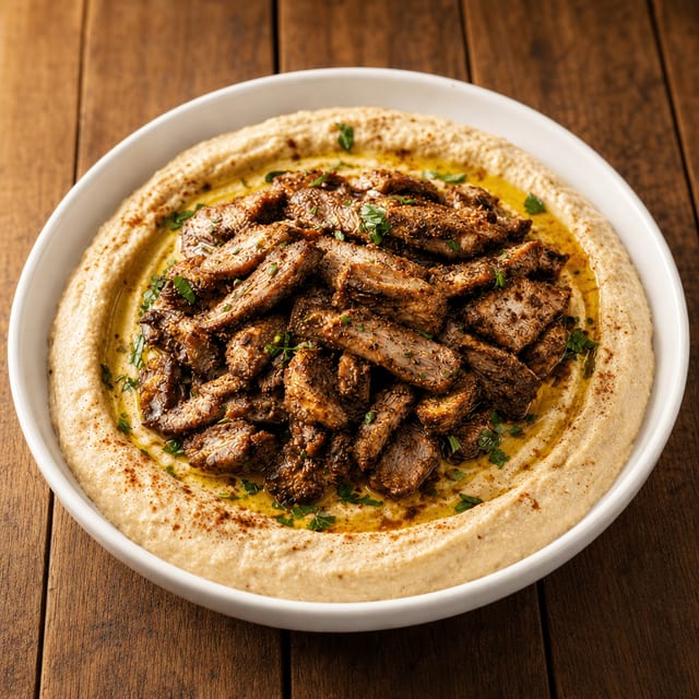 Hummus Deluxe with Gyro Meat.